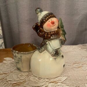 Snowman Planter/Candle Holder Christmas Decor Ceramic HandPainted 6.5inches Tall